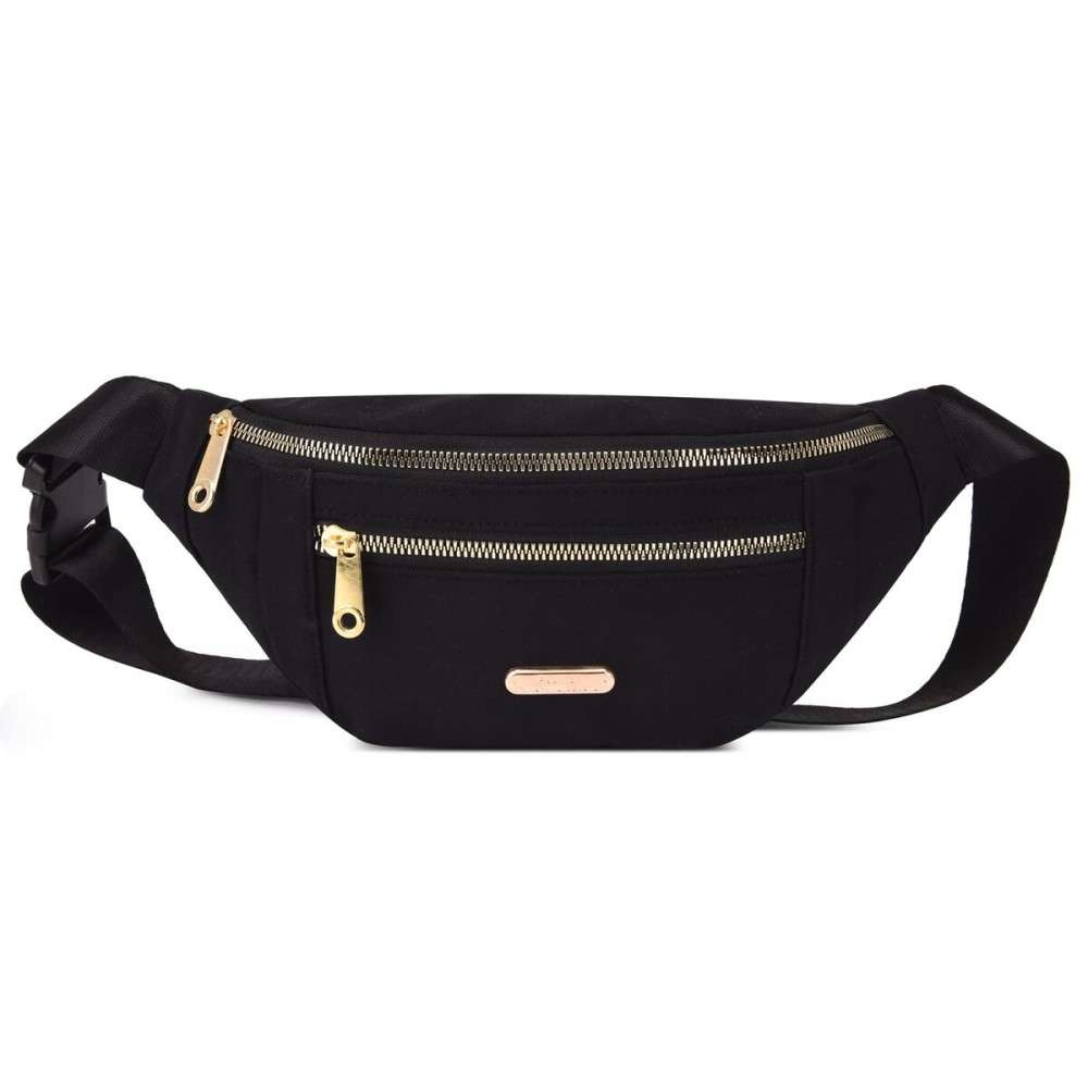 DAITET Fashionable Black Fanny Pack for Men&Women, Crossbody Waist Bag with Adjustable Belt, Large Capacity Bum Bag for Traveling Hiking Cycling Workout Casual(Black Gold Zipper)