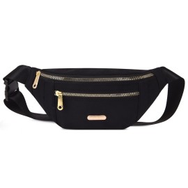 DAITET Fashionable Black Fanny Pack for Men&Women, Crossbody Waist Bag with Adjustable Belt, Large Capacity Bum Bag for Traveling Hiking Cycling Workout Casual(Black Gold Zipper)