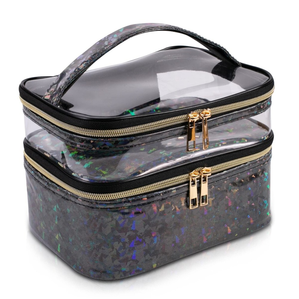 imerelez Double-layer Makeup Bag Cosmetic Bag Travel Makeup Cases Organizer Toiletry Bag Gift for Women, Portable Waterproof (Black)