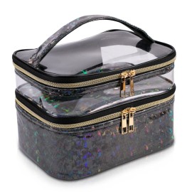 imerelez Double-layer Makeup Bag Cosmetic Bag Travel Makeup Cases Organizer Toiletry Bag Gift for Women, Portable Waterproof (Black)