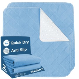 Bed Pads Washable Waterproof(2 Pack, 34 x 36), Washable and Reusable Incontinence Chuck Pads Anti Slip Pee Pads Underpad Sheet Protector for Adults, Elderly, Kids, Toddler and Pets, Blue