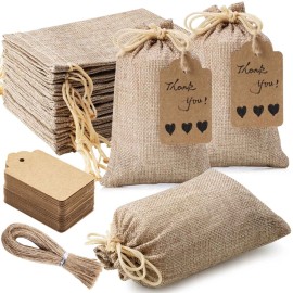Homum 30Pcs Premium Burlap Gift Bags with Drawstring and 30Pcs Gift Tags & String, 3x4 Inch Reusable Gift Bags, Burlap Bags, Linen Sacks Bag for Wedding Favors Party Jewelry Pouches, Christmas, Coffee, DIY Craft Bags