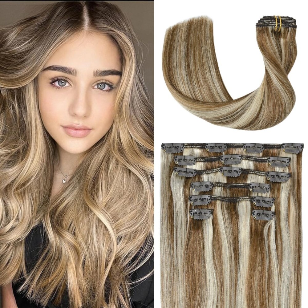 UGOTRAYS Clip In Extensions Real Human Hair Balayage Light Brown to Bleach Blonde Highlights Remy Human Hair Extensions 18 Inch 70g Double Weft 7pcs 6p613 Human Hair Clip in Extensions