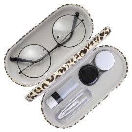 MoKo Double Eyeglass Case, Contact Lens Case with Mirror Tweezers Remover, 2 in 1 Double Sided Portable Contact Lens Box Holder Container Storage Kit Sunglasses Pouch for Men & Women, Leopard