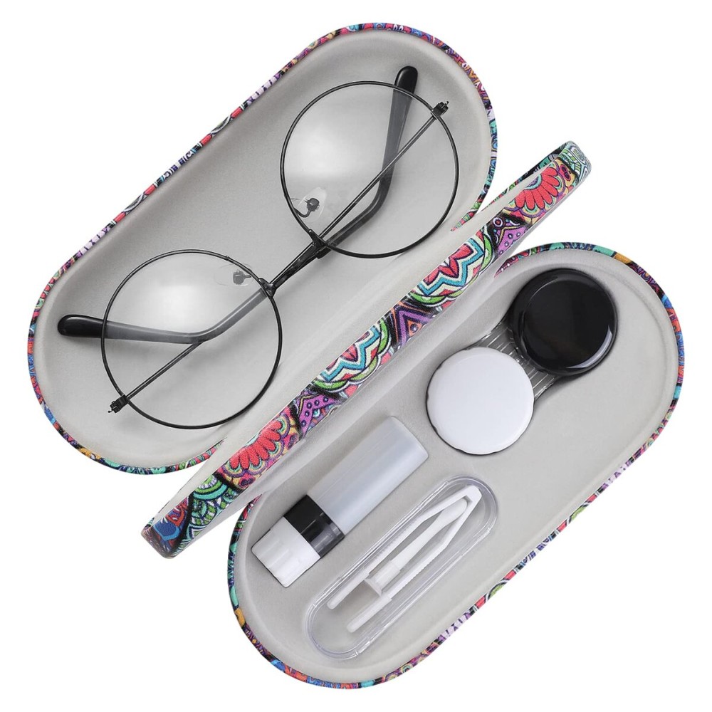 MoKo Double Eyeglass Case, Contact Lens Case with Mirror Tweezers Remover, 2 in 1 Double Sided Portable Contact Lens Box Holder Container Storage Kit Sunglasses Pouch for Men & Women, Rhombic Datura