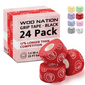 WOD Nation Weightlifting Thumb Wraps - Sweat-Proof Athletic Thumb Tape - Easy-Tear Strips for Gym & Rock Climbing - Blister Guard & Powerlifting Grip Tape - Pack of 24, 23 ft, Red