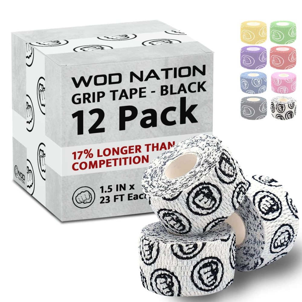 WOD Nation Hook Grip Athletic Tape - Sweatproof Grip Tape for Powerlifting & Weightlifting - Pack of 12, 23-ft Rolls, White
