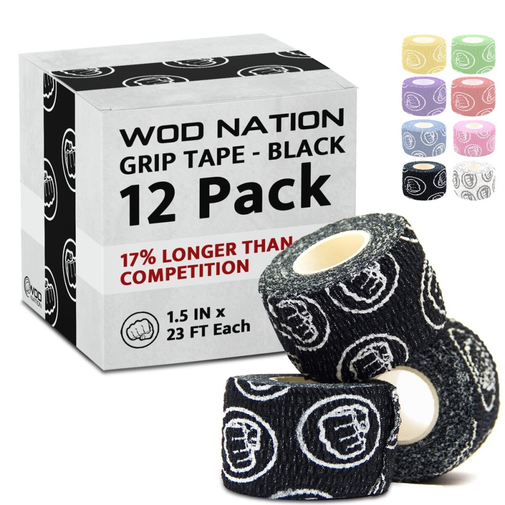 WOD Nation Hook Grip Tape - Athletic Tape for Thumbs & Fingers - Flexible Strips for Powerlifting Workouts - Easy-Tear Strips for Weightlifting Grips - Pack of 12, 23 ft Rolls, Black
