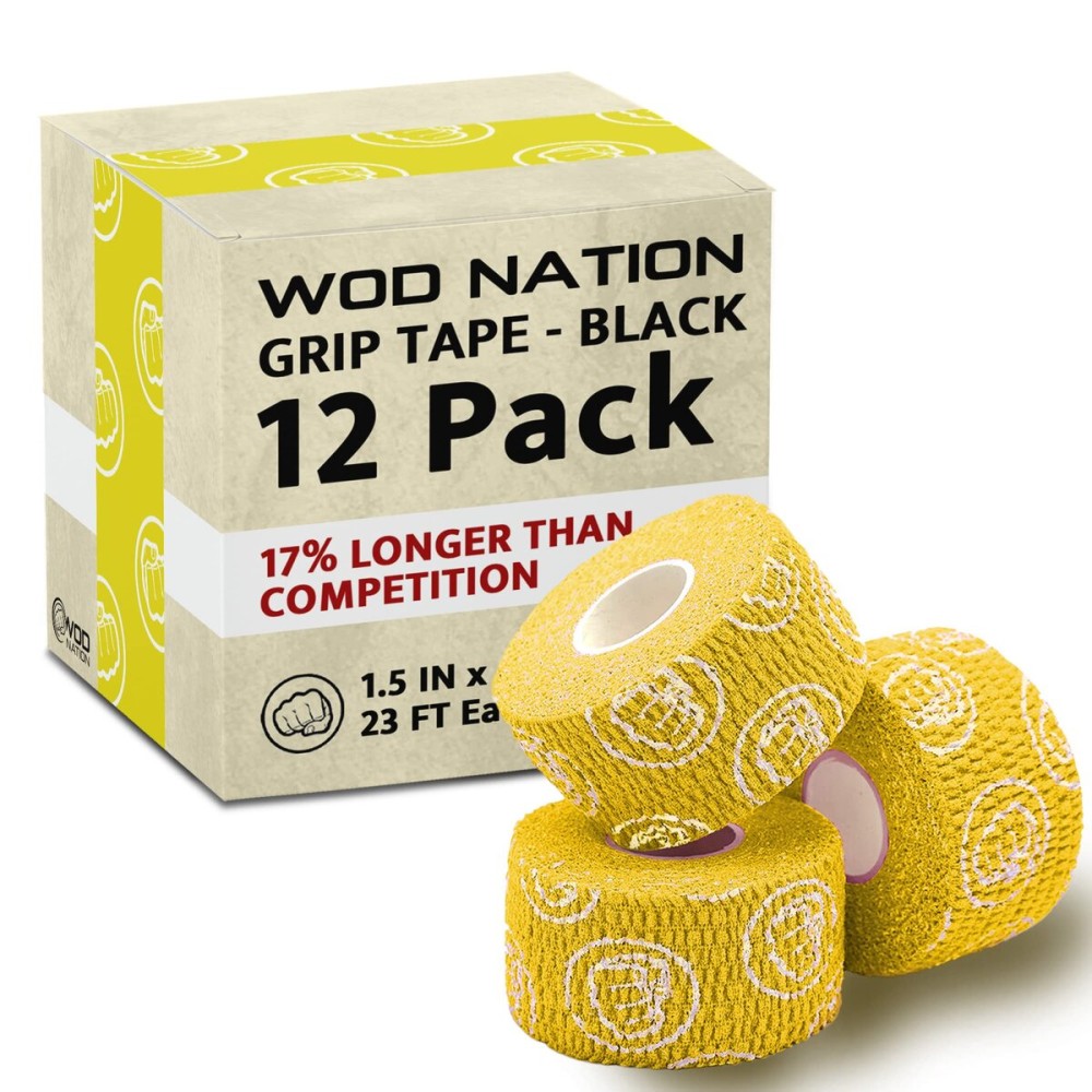 WOD Nation Weightlifting Hook Grip Athletic Tape - Sweat-Proof Grip Tape for Powerlifting - Versatile Weightlifting Accessories - Pack of 12 x 23 ft Rolls, Yellow