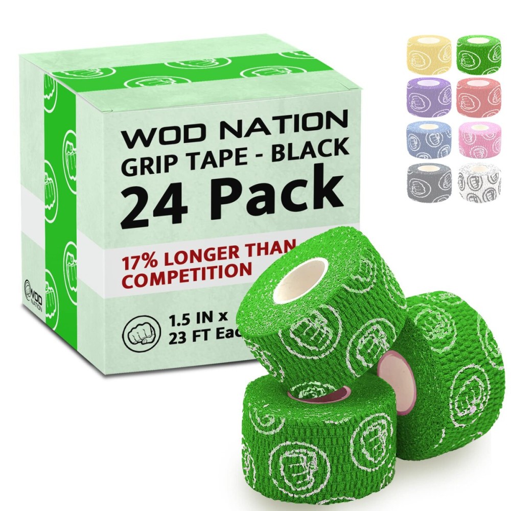 WOD Nation Weightlifting Hook Grip Athletic Tape, Flexible Fabric Thumb & Finger Tape - Easy-Tear, Sweat-Proof, Durable Strips for Powerlifting & Gym, 24-Pack (23 ft Rolls) - Green