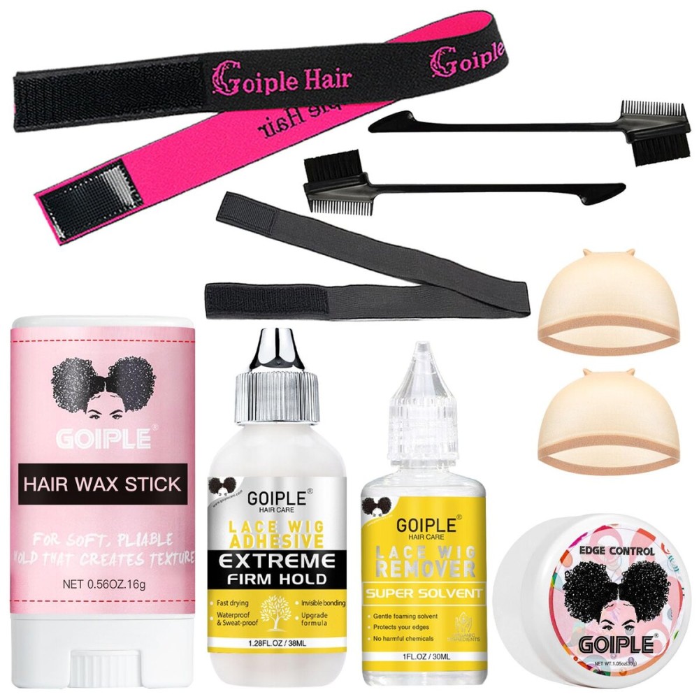 Wig Glue 1.28OZ, Waterproof Lace Front Adhsive for Wigs with Tools and Hair Wax Stick (Lace Adhesive/Wig Glue Remover/Wax Stick/Edge Control Wax/Elastic Band/Hair Dual Drush/Wigs Caps)