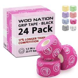 WOD Nation Hook Grip Athletic Tape - Easy-Tear Sweat-Proof Grip Tape - Elastic Fabric for Powerlifting & Weightlifting - Flexible Finger & Thumb Wraps for Gym & BJJ - Pack of 24, 23 ft Rolls, Pink
