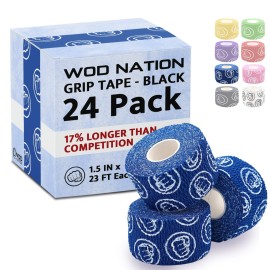 WOD Nation Weightlifting Hook Grip Athletic Tape - Sweat-Proof Strips for Powerlifting Workouts - Easy-Tear Grip Tape for Gym - Flexible Finger Wrap & Thumb Wrap - 24 Pack, 23 ft Rolls, Blue