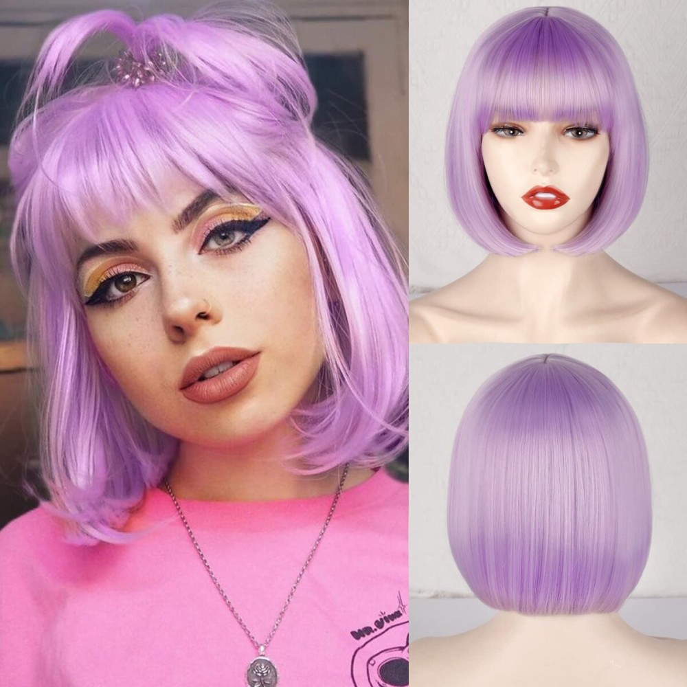 WERD Light Purple Bob Wig with Bangs,Short Pastel Purple Wig for Women,Light Purple Straight Synthetic for Daily and Party