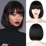 WERD Black Short Bob Wig,Straight Black Bob Wig with bangs, 10 inch Straight Bob Bangs Wig for Women Natural Looking for Daily Use