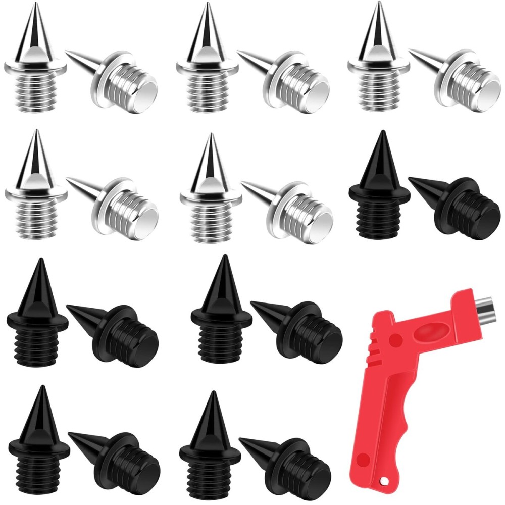 AUGSUN 20pcs 1/4inch Hard Steel Track and Cross Country Spikes with Spike Wrench, Replacement Spikes for Sprint Sports Short Running Shoes(Black+Silver)