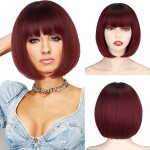 WERD Short Wine Red Bob Wig with Bangs, Straight Burgundy Wig Bob for Women, Short Straight Natural Looking for Daily and Party