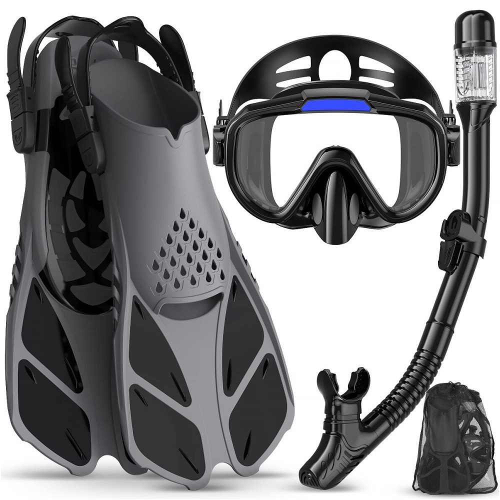 Ubekezele Snorkeling Gear for Adults Men Women,4 in 1 Snorkel Set with Panoramic View Diving Mask Anti-Fog Anti-Leak,Dry Top Snorkel,Fins and Travel Bag for Swimming,Snorkeling and Travel Diving