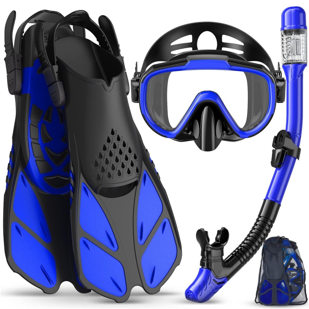 Ubekezele Snorkeling Gear for Adults Men Women,4 in 1 Snorkel Set with Panoramic View Diving Mask Anti-Fog Anti-Leak,Dry Top Snorkel,Fins and Travel Bag for Swimming,Snorkeling and Travel Diving