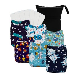babygoal Boy Cloth Diapers Pack of 13, Baby Reusable Washable Pocket Nappy, 6pcs Diapers+6pcs Rayon from Bamboo Inserts+Wet Bag 6FB40-MB-B