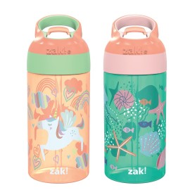 Zak Designs 16oz Riverside Kids Water Bottle with Spout Cover and Built-in Carrying Loop, Made of Durable Plastic, Leak-Proof Water Bottle Design for Travel (Unicorn & Shells, Pack of 2)