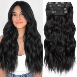 KooKaStyle Clip in Synthetic Hair Extensions Long Wavy 4PCS Thick Hairpieces Black Fiber Double Weft Natural Hair Extensions 20 Inch for Women