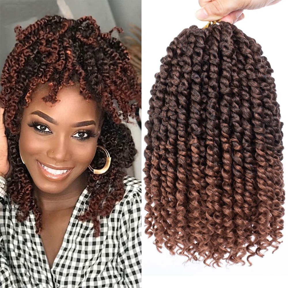 Leeven 8 Packs Ombre Brown Passion Twist Hair 10 Inch Pre Twisted Short Passion Spring Twist Crochet Braids Hair With Curls At The Ends Synthetic Bohemian Braiding Hair Extensions for Women T30