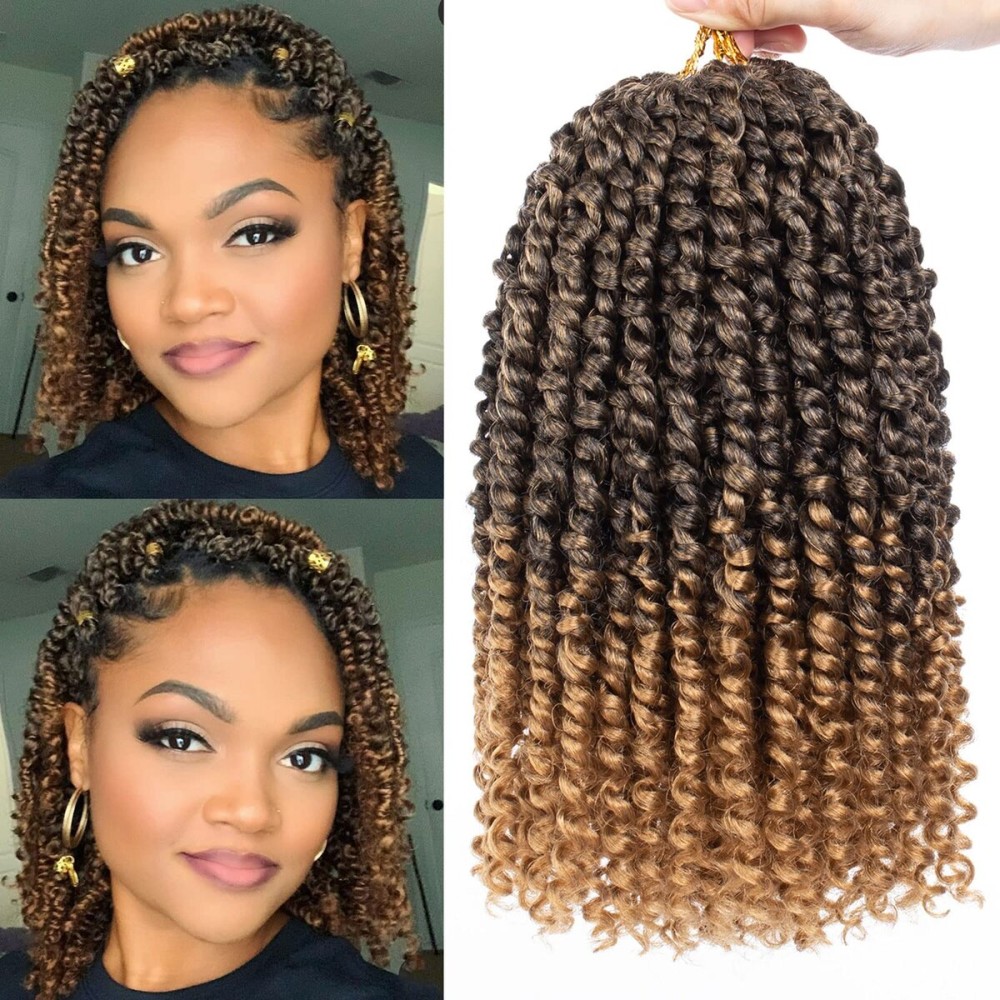 Leeven 8 Packs Ombre Blonde Pre-Twisted Passion Twist Hair With Curly Ends 10 Inch Short Passion Spring Twist Crochet Braids Hair Synthetic Bohemian Braiding Hair Extensions for Women T27