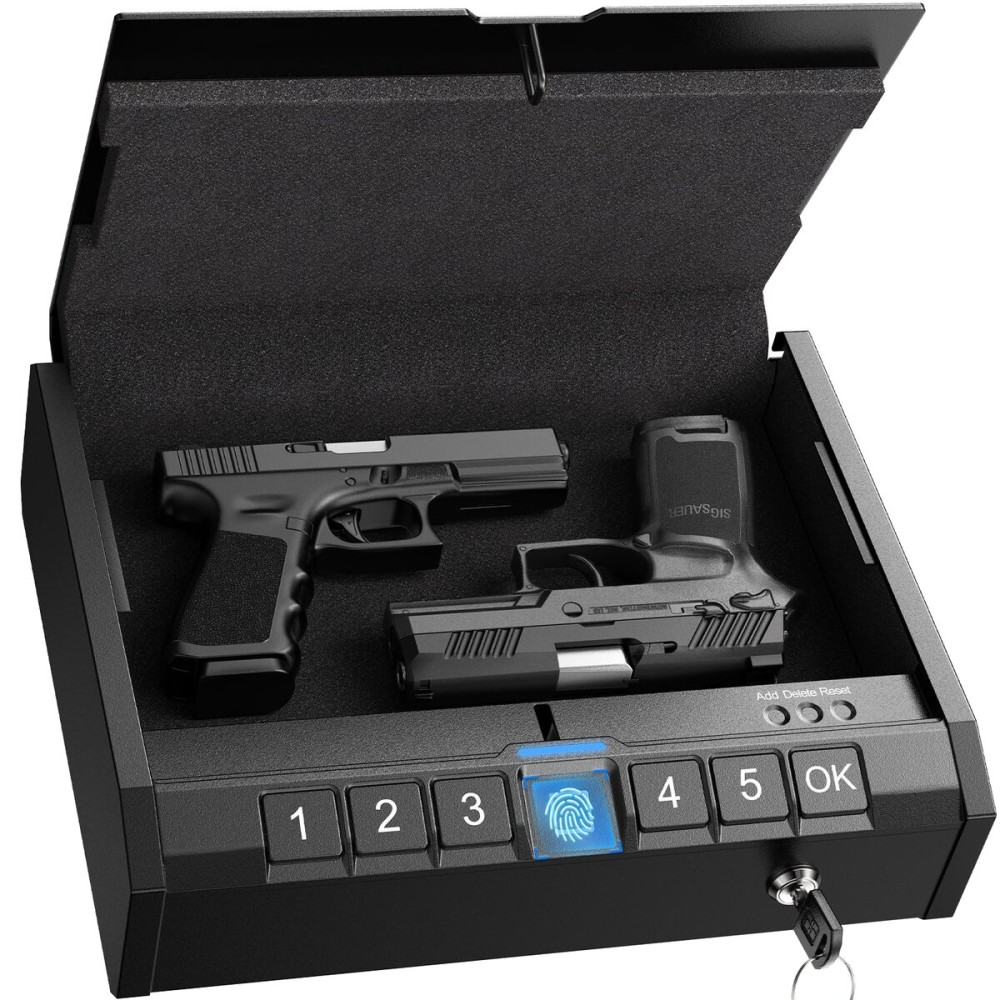 AINIRO Gun Safe for Pistols - Biometric Gun Safe for Handgun, Quick-Access Gun Lock with Fingerprint Identification or Key Pad, Storage Home Bedside Nightstand Car