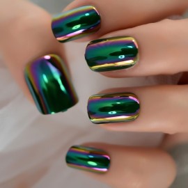 24pcs Metallic Green Laser Holographic Round Press On Nails Medium Faux Ongles Artificial Nail Art