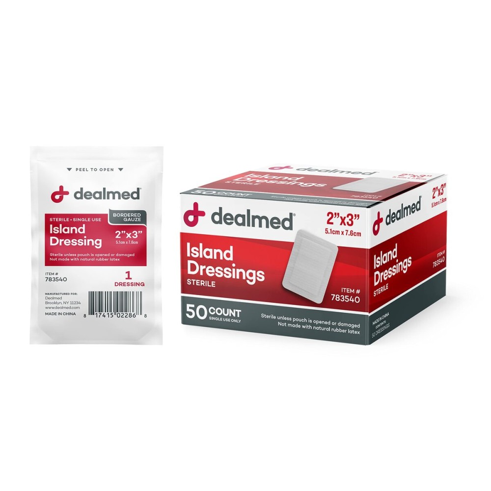 Dealmed Sterile Bordered Gauze Island Dressings - 50 Count, 2 x 3 Gauze Pads, Disposable, Latex-Free, Adhesive Borders with Non-Stick Pads, Wound Dressing for First Aid Kit and Medical Facilities