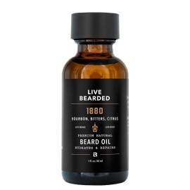Live Bearded Beard Oil, 1 fl oz - Premium All-Natural Jojoba - Made in the USA - Hair and Skin Care for Men with Dry, Flaky Patches | 1880 Scent - Bourbon, Bitters, Citrus