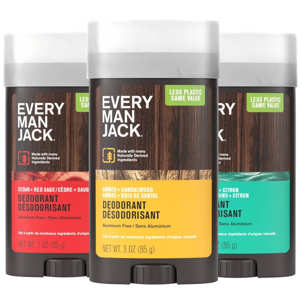 Every Man Jack Men\'s Deodorant Variety Set - Three Full-Sized Deodorant Sticks with Clean Ingredients & Incredible Scents - Cedar + Red Sage, Amber + Sandalwood, Sea Mineral + Citron - 3 oz - 3 Pack