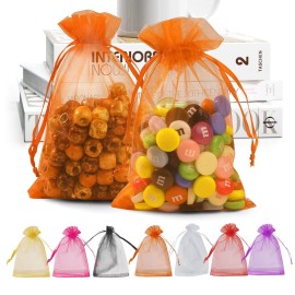 ANZNKU 100 Pack Organza Bags - 4x6 inch Small Sheer Mesh Gift Bags with Drawstring - Premium Orange Favor Bags for Halloween, Wedding, Party, Christmas