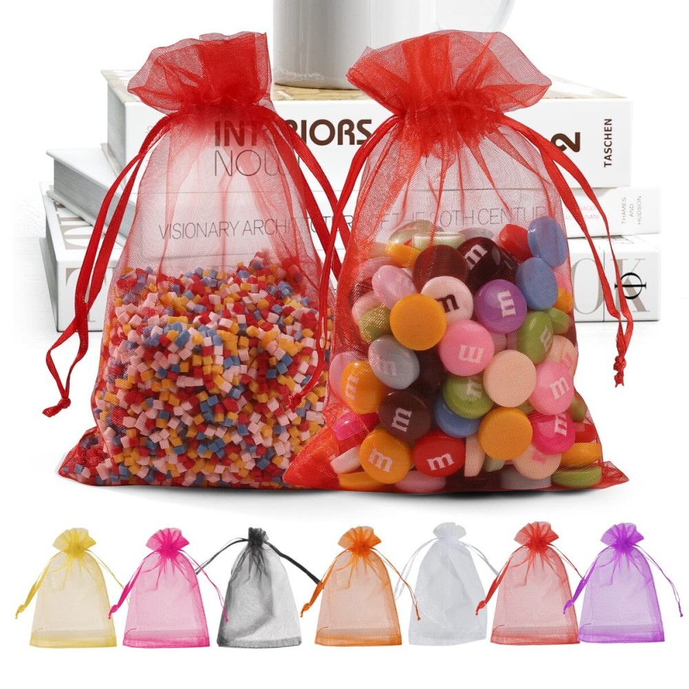 ANZNKU 100 Pack Organza Bags, 4 x 6 inch Small Bags, Christmas Favor Bag, Sheer Mesh Bag, Premium Red Gift Pouches with Drawstring, Jewelry Pouches Small Mesh Pouch for Christmas Wedding Party