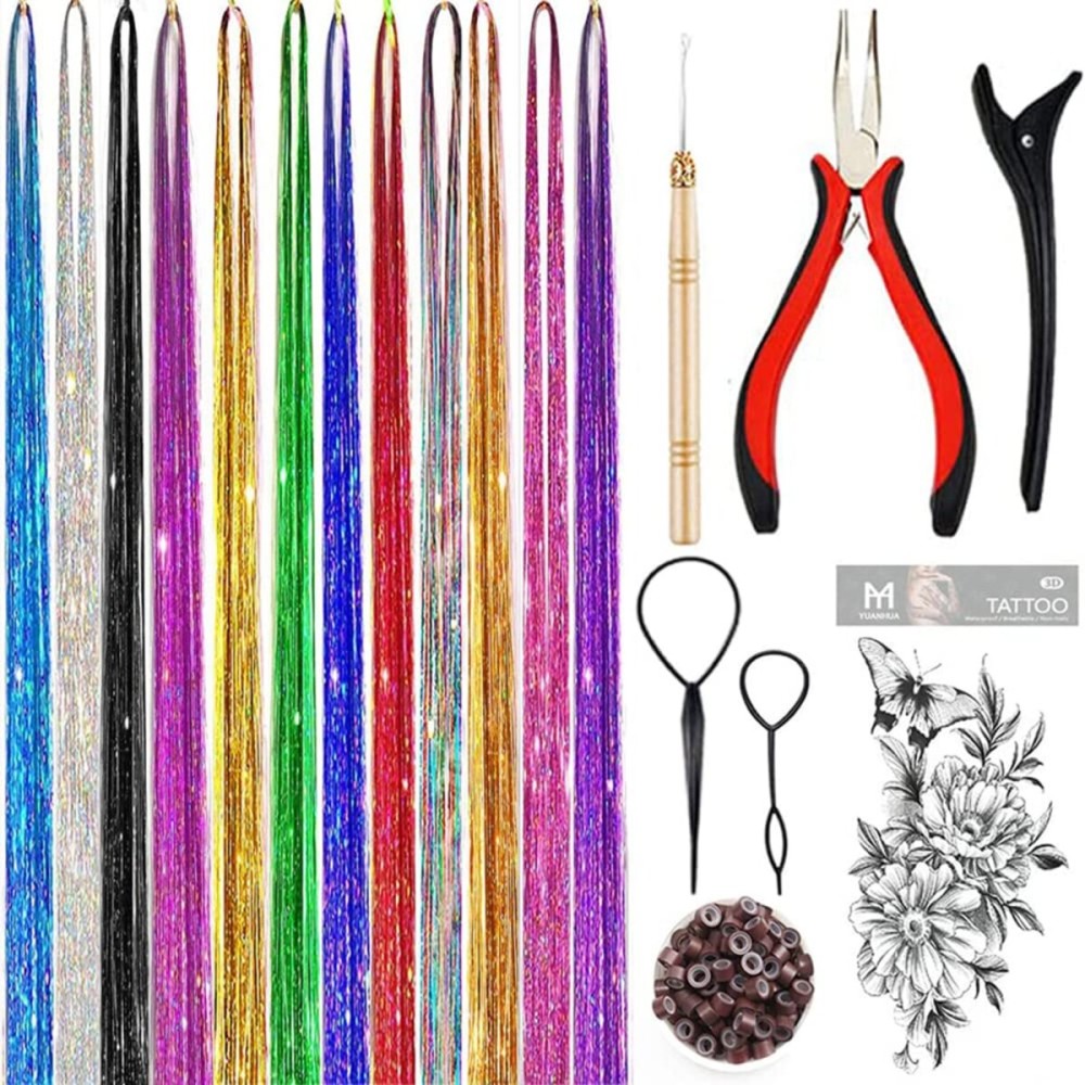 Hair Tinsel Kit, Fairy Tinsel Hair Extensions With Tool 3000 Strands 12 Colors Holographic Hair Tinsel Heat Resistant Sparkling Glitter for Christmas New Year Party (48 Inch)