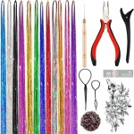 Hair Tinsel Kit, Fairy Tinsel Hair Extensions With Tool 3000 Strands 12 Colors Holographic Hair Tinsel Heat Resistant Sparkling Glitter for Christmas New Year Party (48 Inch)