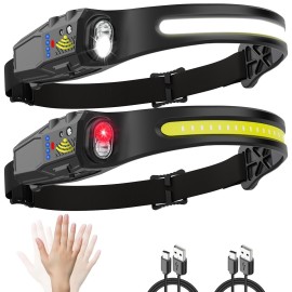 Headlamp Rechargeable 2Pack, 230 Wide Beam Head Lamp, LED Headlamp with Motion Sensor, 7Mode Head Lights for Forehead, Bright Headlamps for Adults, Red Light Headlight, Hard Hat Light, Camping Gear