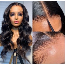 BEEOS 5x5 SKINLIKE Real HD Lace Closure Wig, Body Wave 180% Density 0.10mm Ultra-thin Swiss Lace Pre-plucked Bleached Small Knots With Baby Hair Natural Black Human Hair Wigs 20 Inch