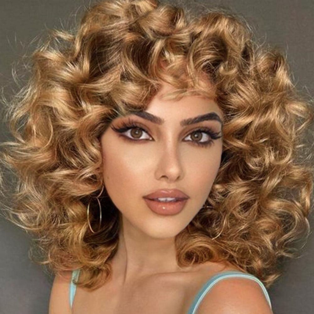 AIDUSA Afro Curly Wigs with Bangs Big Blonde Wigs for Black Women Light Brown Short Wigs for Women Synthetic Hair Natural Looking (30 Honey Blonde)