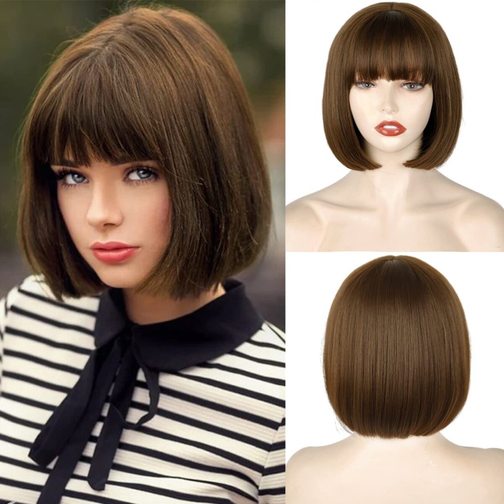 WERD Short Brown Bob Wig with Bangs,10 inch Brown Straight Bob Wig for Women Heat Resistant Fiber for Cospaly Velma