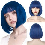 WERD Short Blue Bob Wig with Bangs,Straight Bob Blue Coraline Hair for Women, Dark Short Bangs Wig Synthetic Natural Looking for Party