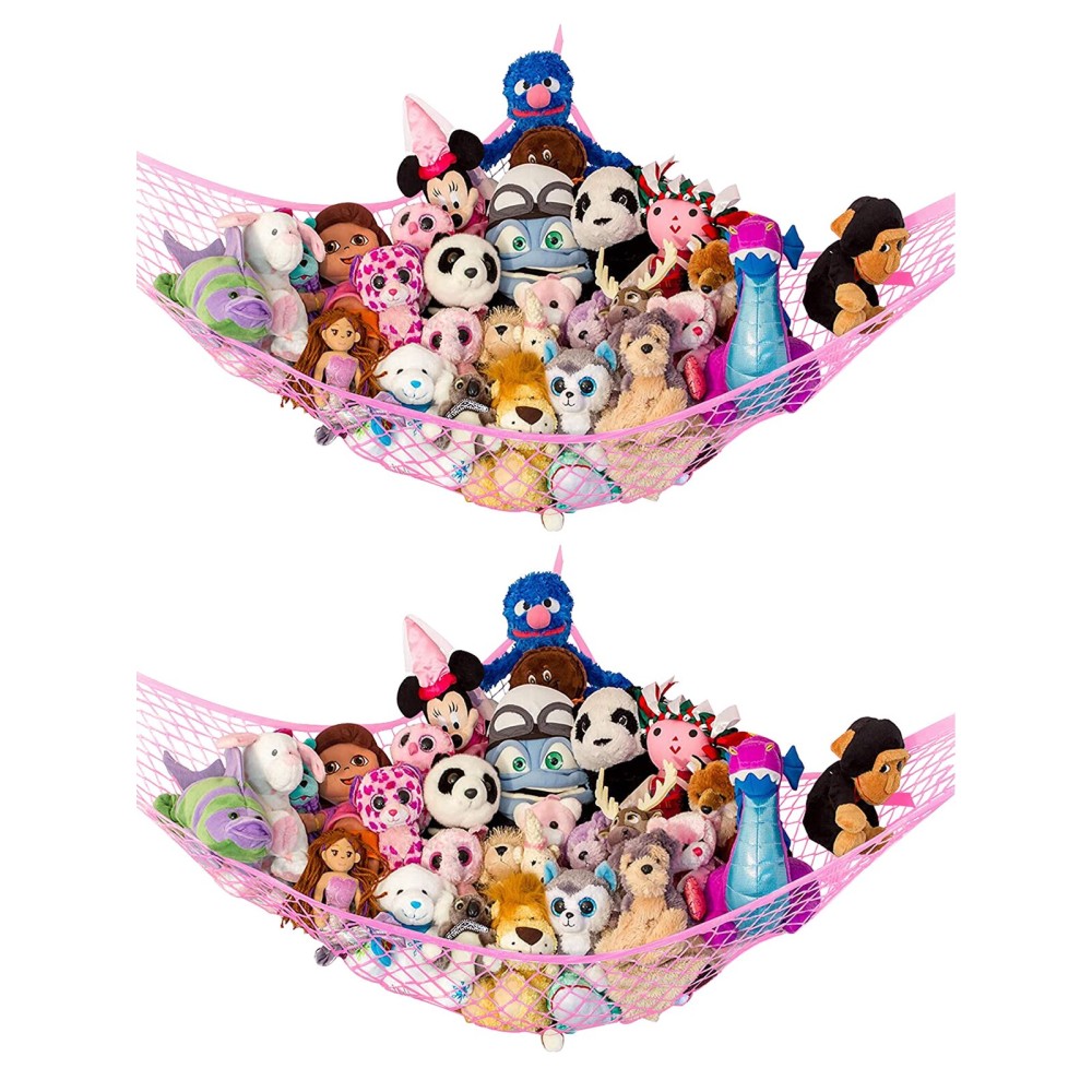 Lilly\'s Love Stuffed Animal Hammock | Corner Hanging Organizer, Toy Storage, Stuffed Animal Storage Net | Made from Quality Fishing Net, Holds 12lbs | 67x47x47 (Pink, 2 Pack)