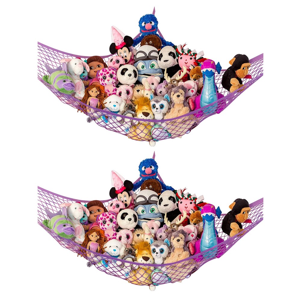 Lilly\'s Love Stuffed Animal Hammock | Corner Hanging Organizer, Toy Storage, Stuffed Animal Storage Net | Made from Quality Fishing Net, Holds 12lbs | 67x47x47 (Purple, 2 Pack)