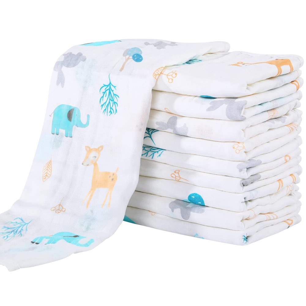 Yoofoss Muslin Burp Cloths for Baby 10 Pack 100% Organic Cotton Baby Washcloths for Boys Girls Large 20\'\'X10\'\' Super Soft and Absorbent Elephant