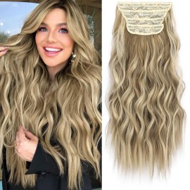 KooKaStyle Clip in Synthetic Hair Extensions Long Wavy 4PCS Thick Hairpieces Light Brown mix Golden Blonde Fiber Double Weft Natural Hair Extensions 20 Inch for Women