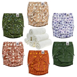 Mama Koala 3.0 Cloth Diapers for Babies with Suede Cloth Lining, 6 Pack with 6 Natural Diaper Inserts - Reusable Pocket Diapers (Neutral Leaves)