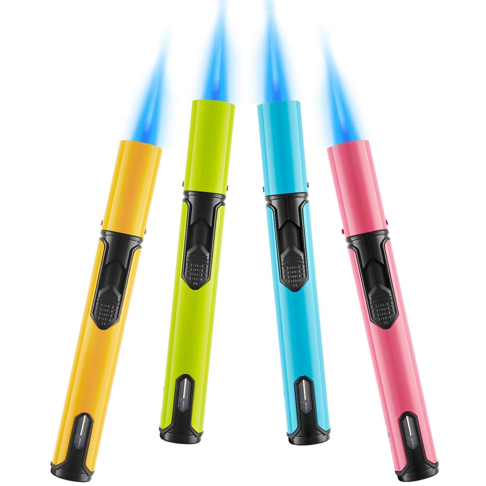 Urgrette 4 Pack Spring Colors Torch Lighter, 6-inch Refillable Pen Lighters Jet Flame Butane Lighters for Grill BBQ Candlek Camping (Gas Not Included)