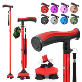 BeneCane Walking Cane for Men & Women Walking Stick for Seniors Folding Canes Quad Cane Adjustable Lightweight Sturdy Collapsible Heavy Duty with Soft TPR T-Handle and Travel Bag