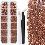 One Pack 2000 Pcs of Flatback Round Rose Gold Rhinestones 6 Sizes (1.5-6 mm) with Nail Art Rhinestone Picker Pencil and Tweezers for DIY and Salon Use